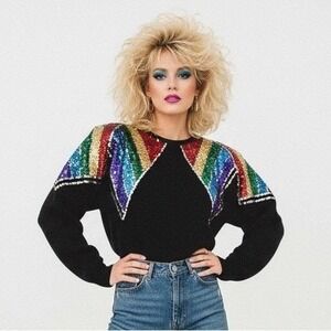 Vintage 80s Sweater De Rotchild Rainbow Pride Sequin Sweater 1980s Bling